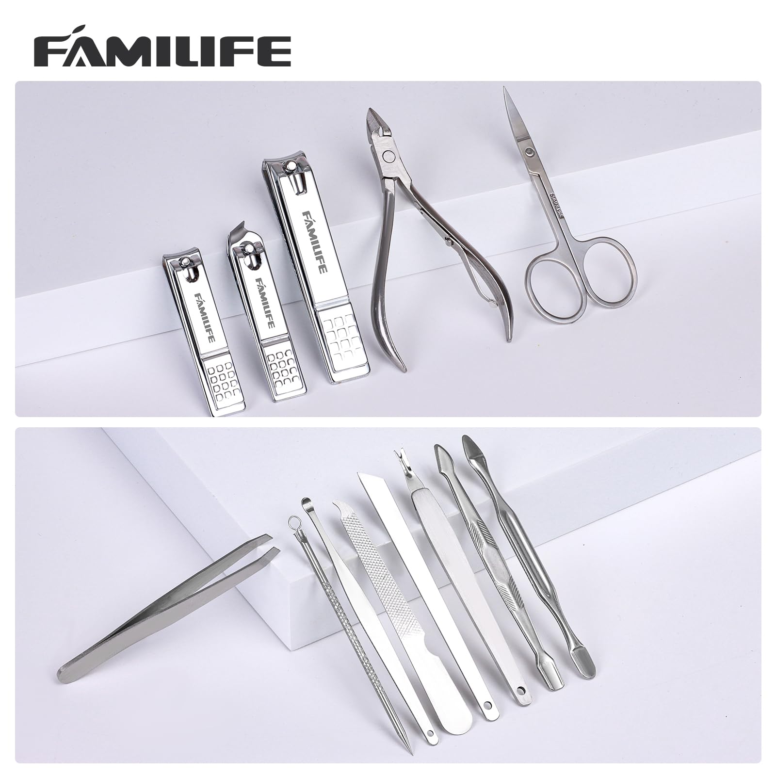 Familife nail care kit tools arranged on a white background