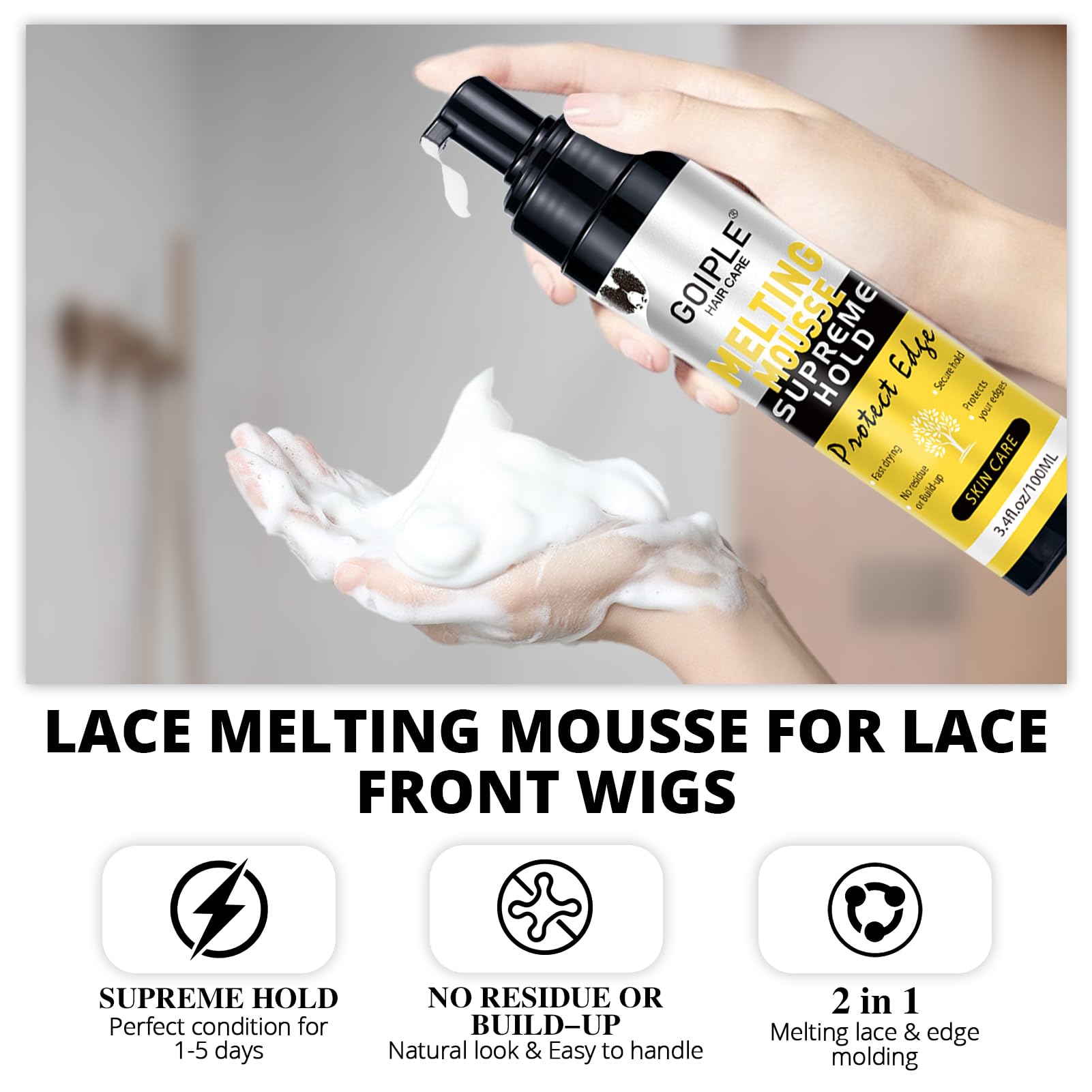 Lightweight styling foam pump bottle showing supreme hold lace melt mousse details