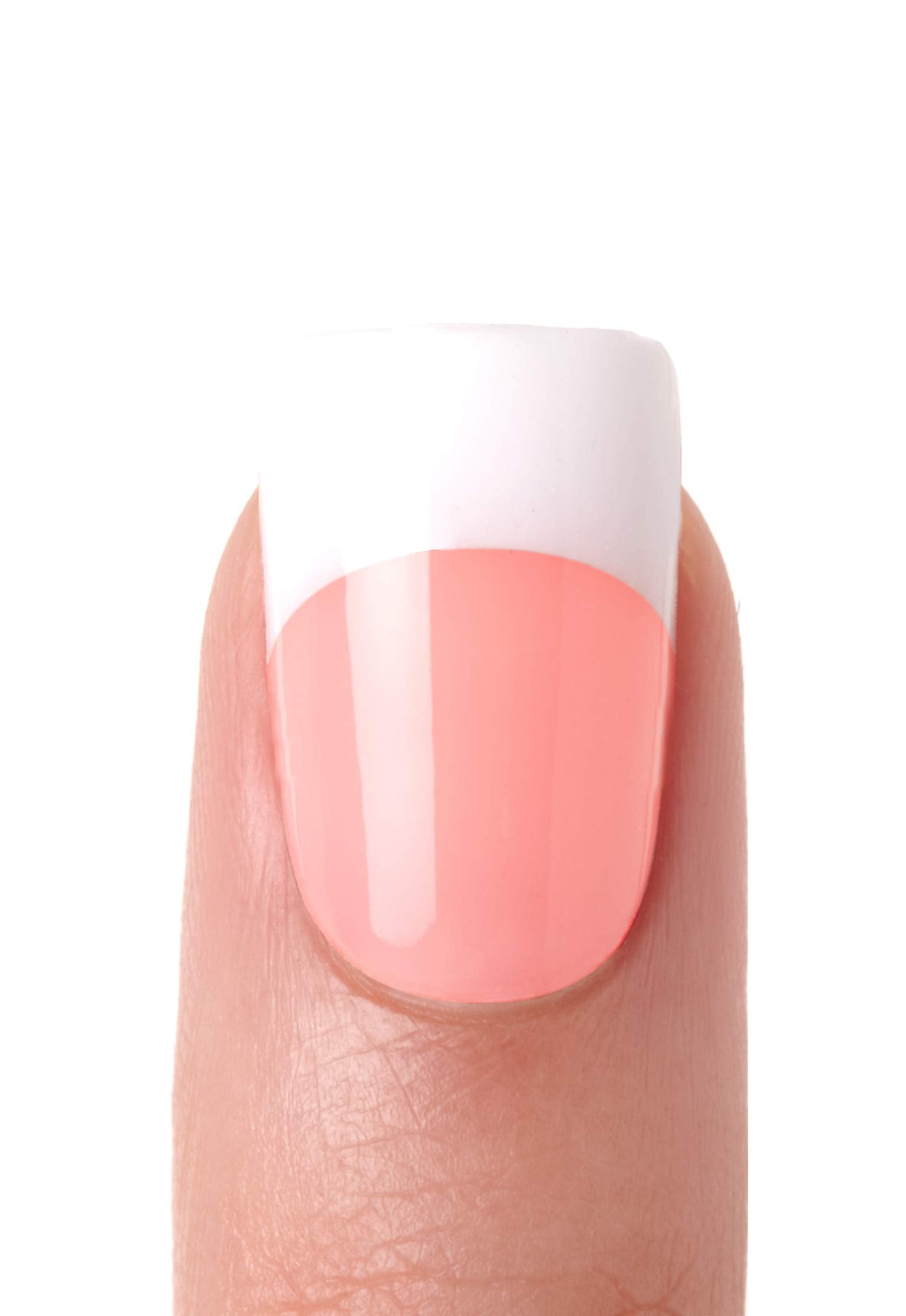 Close up of medium length French tip acrylic nails from the Kiss Salon kit