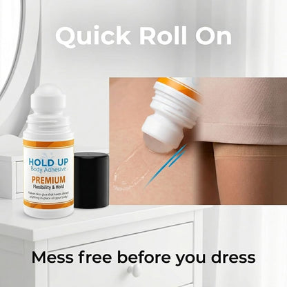 Clear drying roll on body glue bottle displaying back instructions