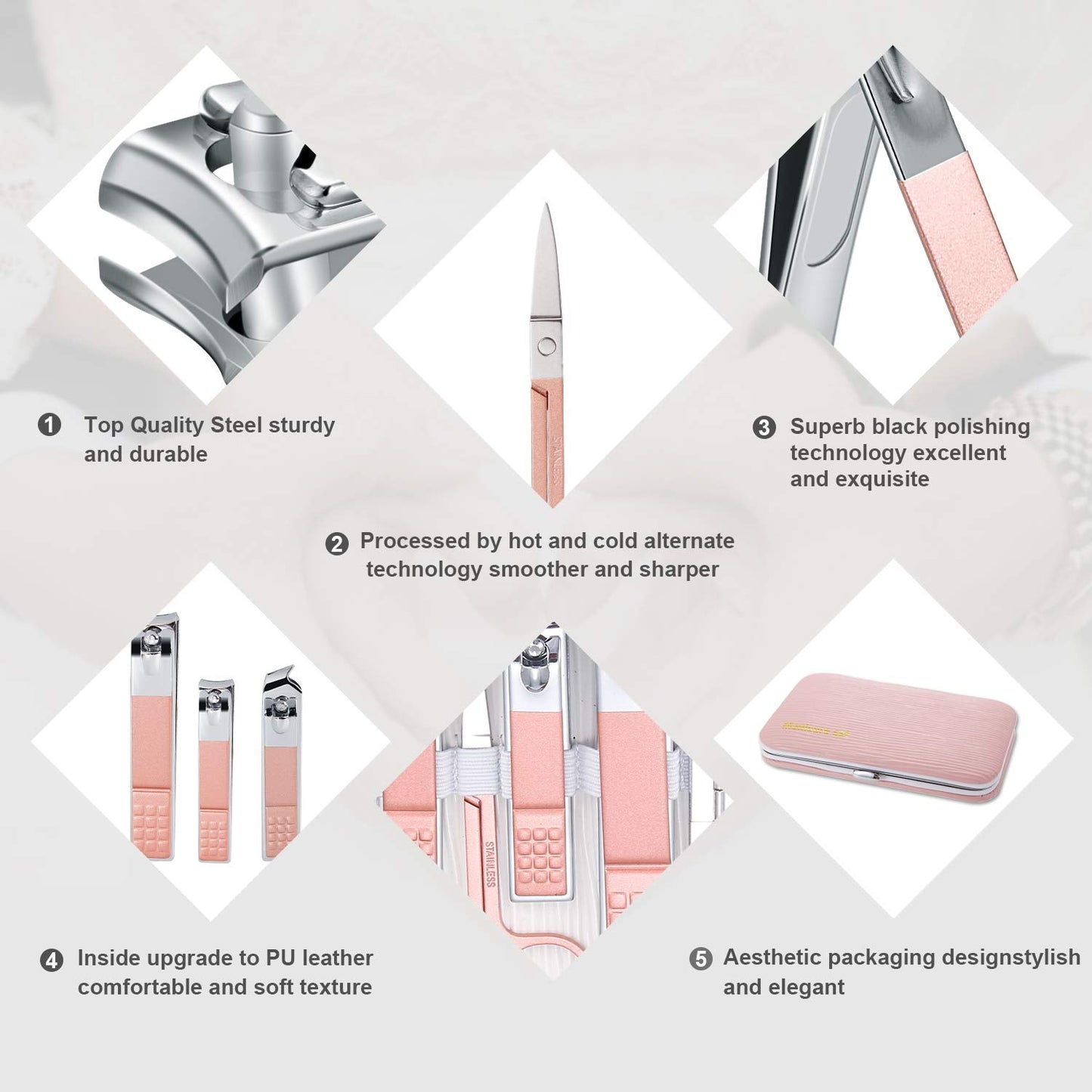 Keiby Citom stainless steel manicure set tools laid out on surface