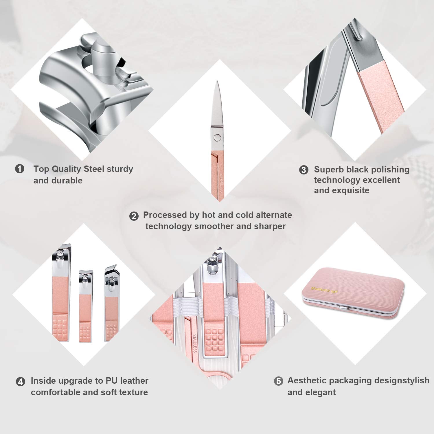 Keiby Citom stainless steel manicure set tools laid out on surface