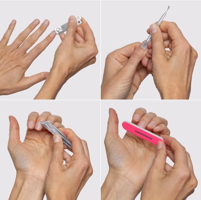 Compact Tweezerman travel manicure kit open with tools displayed