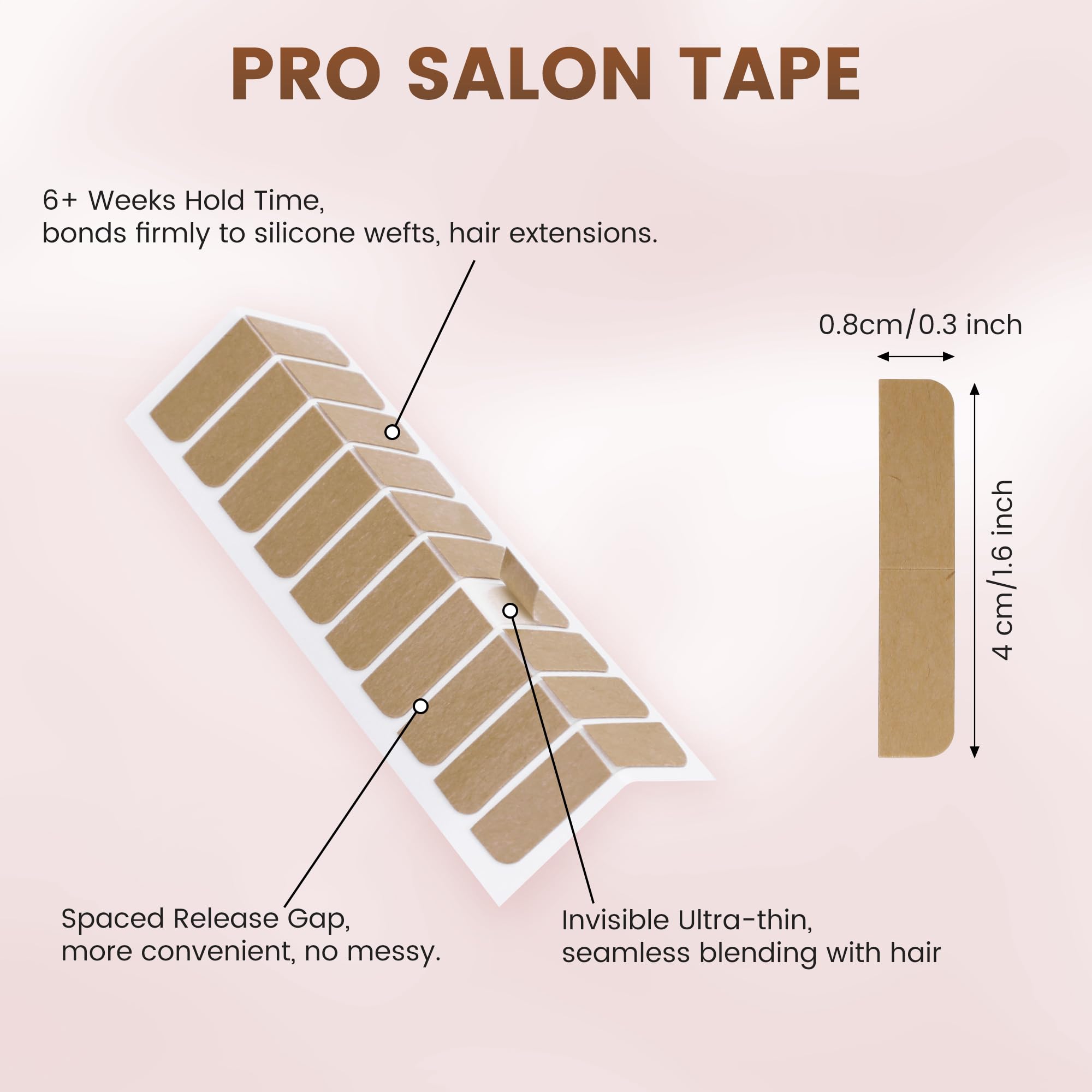 Close up of MIILYE double sided adhesive tabs highlighting the pre cut dimensions for easy hair extension reinstallation.