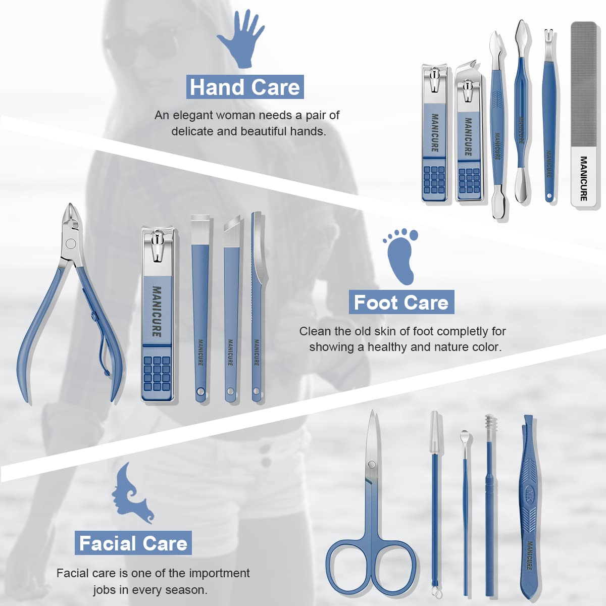 Stainless steel nail grooming tools arranged outside leather case