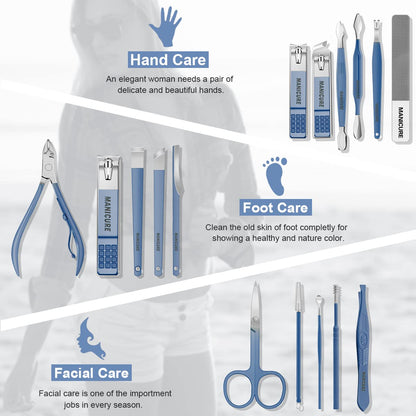 Stainless steel nail grooming tools arranged outside leather case
