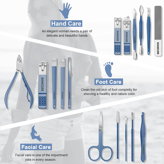 Stainless steel nail grooming tools arranged outside leather case