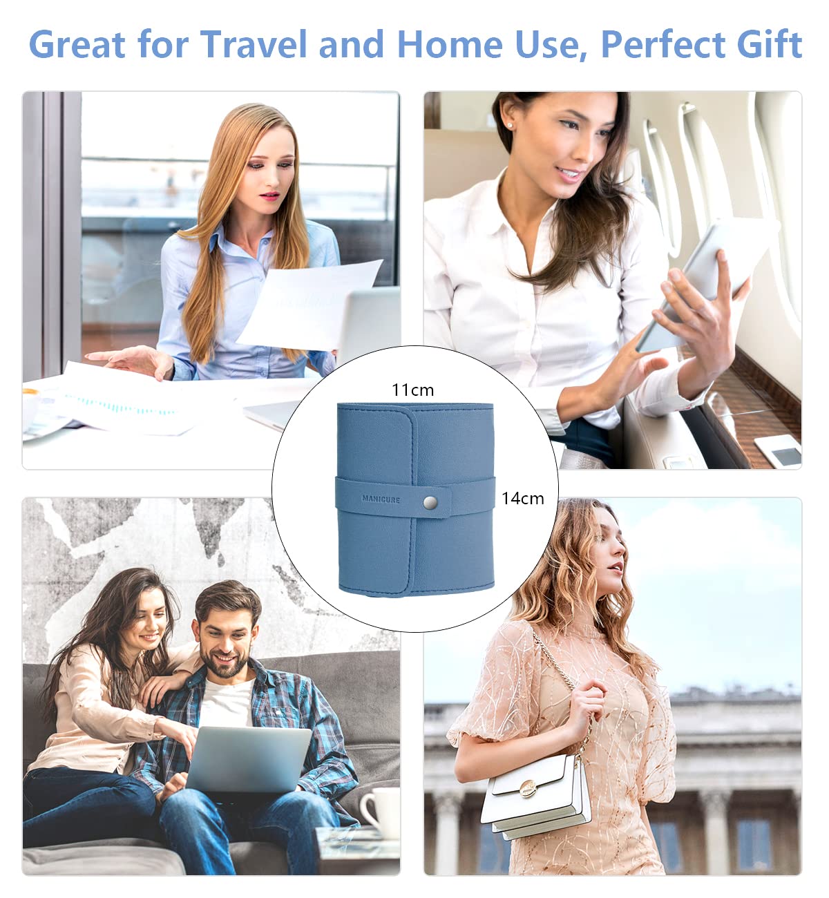 Travel-friendly portable nail grooming set in blue leather case