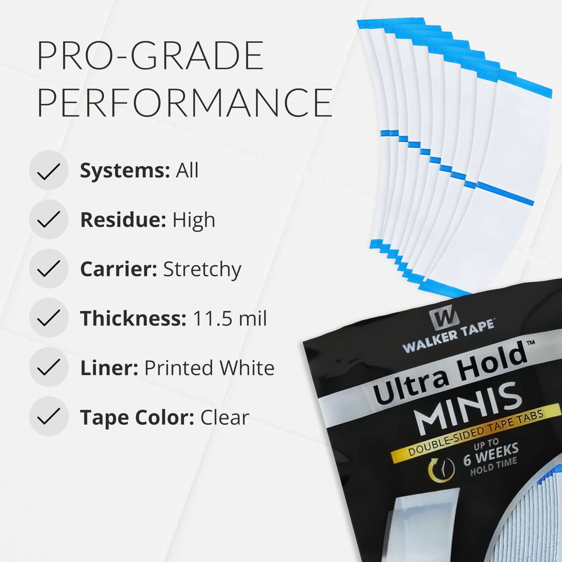 Walker Tape maximum wear hair replacement tape strips layout highlighting the transparent finish.