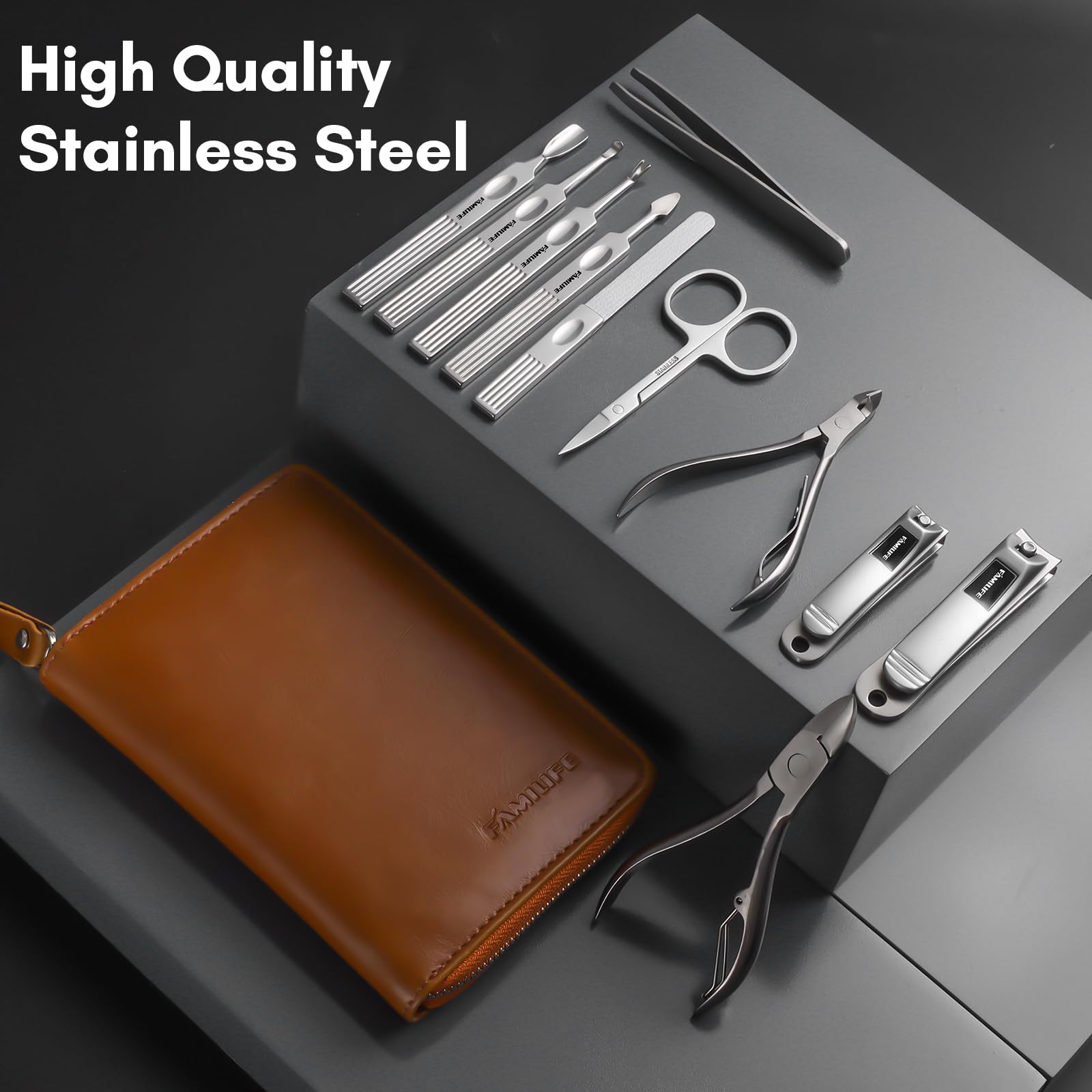 Close up view of stainless steel nail clippers from Familife kit