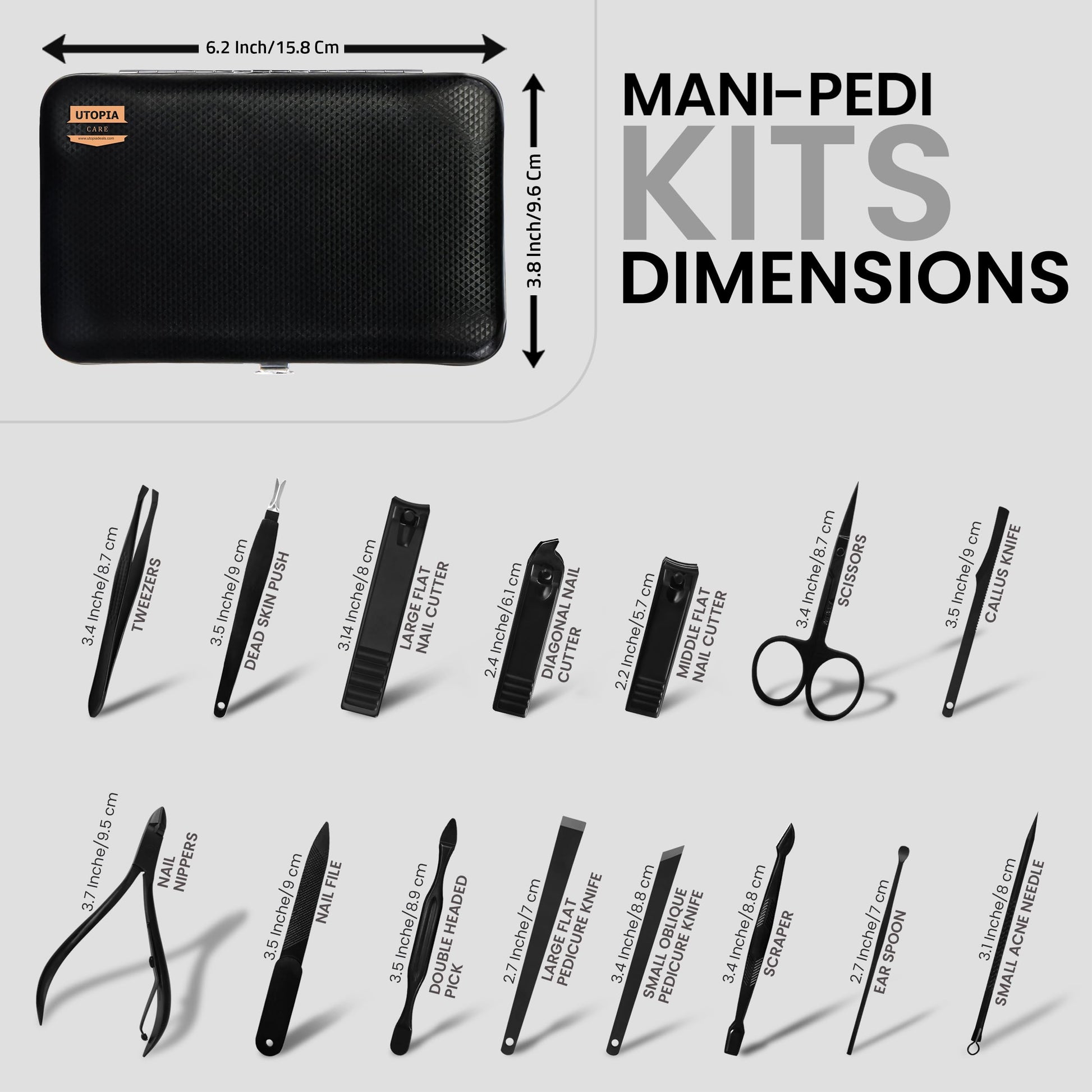 Utopia Care grooming set tools displayed on black leather case