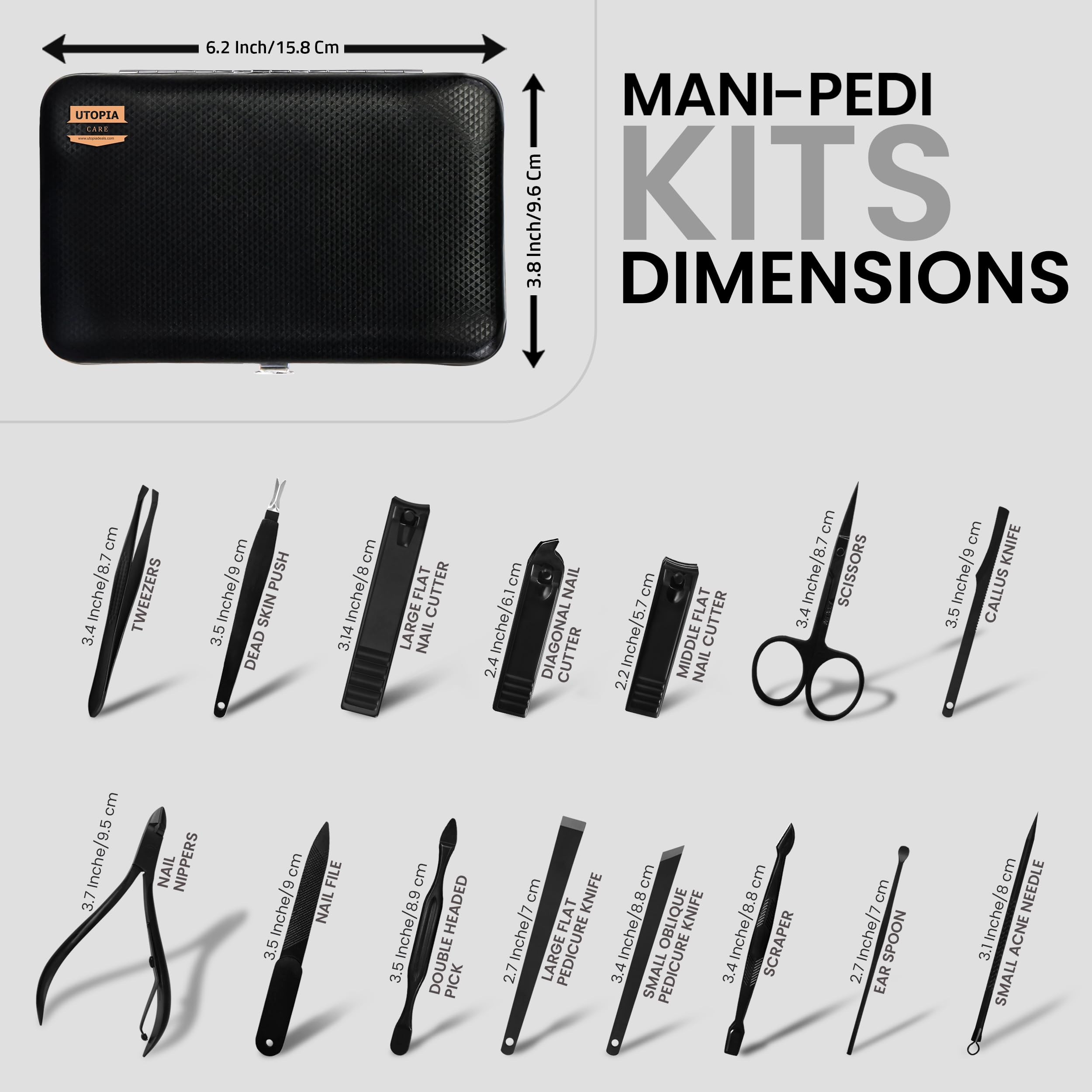 Utopia Care grooming set tools displayed on black leather case