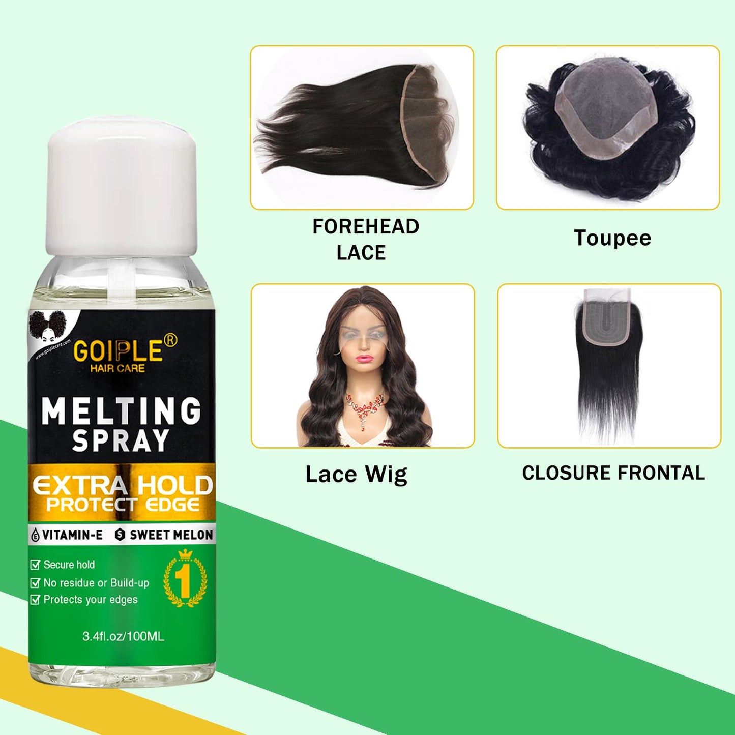 Premium glueless wig spray styling product close up view