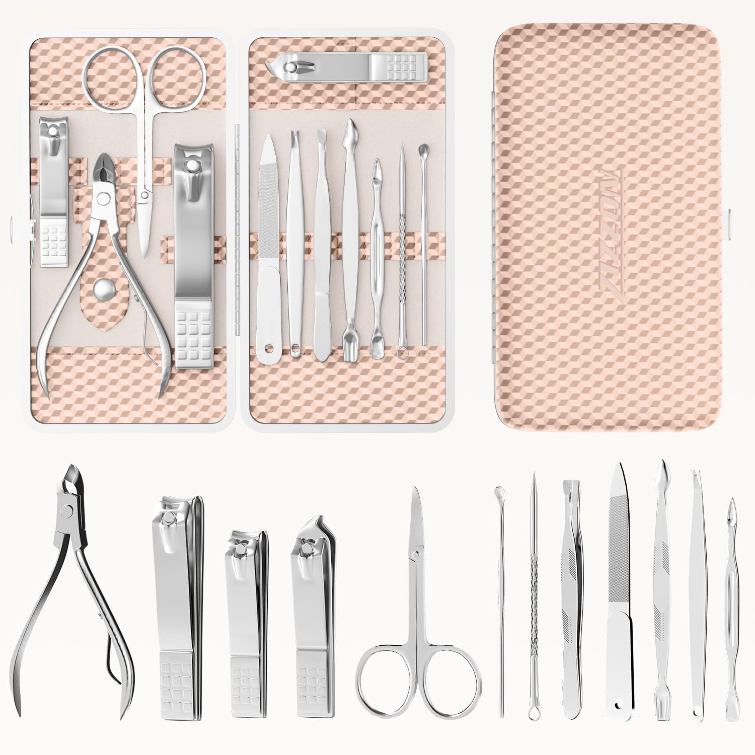 Open Zizzon 12-piece manicure grooming set showing stainless steel tools