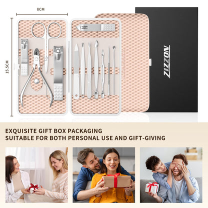 Arrangement of all 12 stainless steel nail care tools