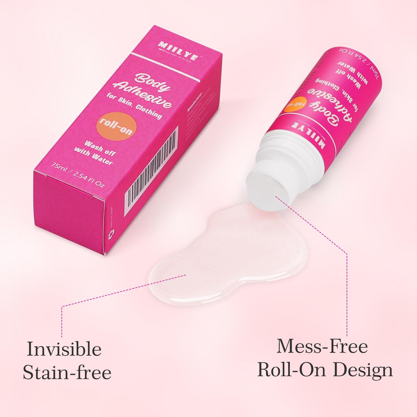 MIILYE fashion adhesive roll on bottle displaying the roller ball applicator tip for precise clothing fixation.