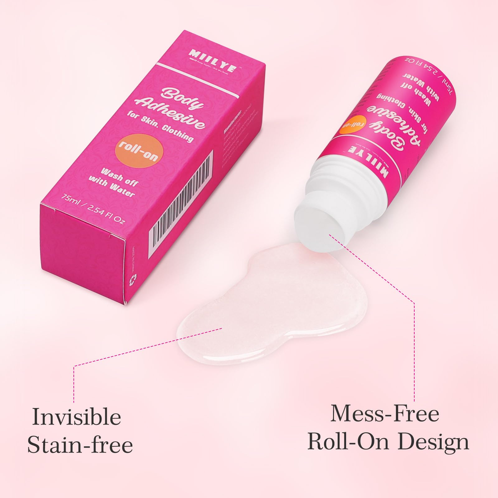 MIILYE fashion adhesive roll on bottle displaying the roller ball applicator tip for precise clothing fixation.