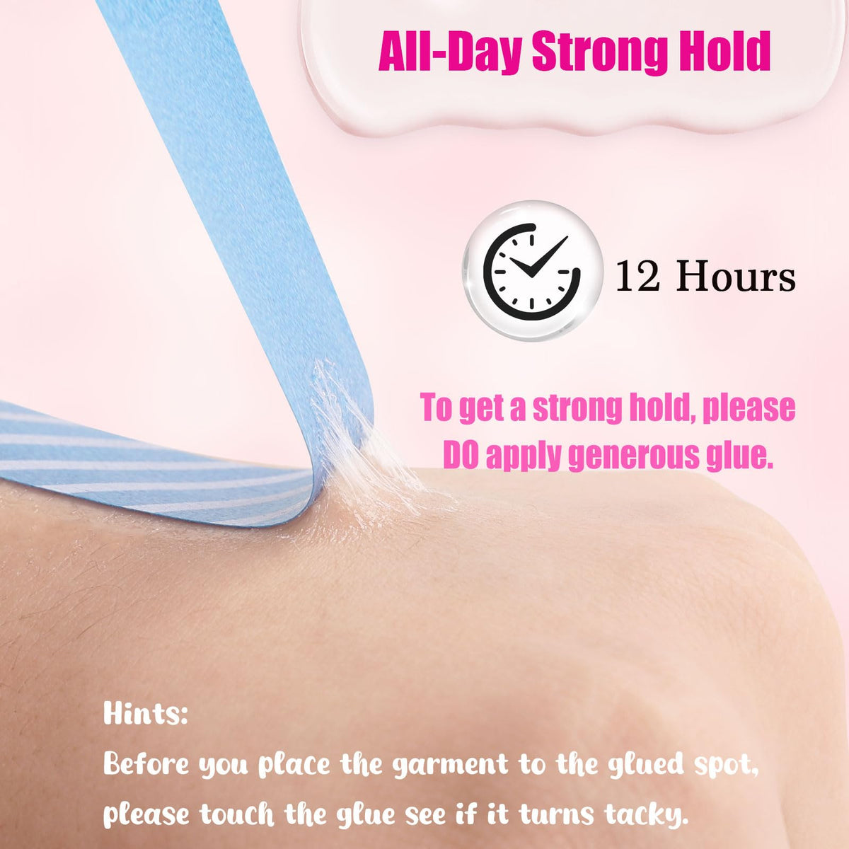 Sweat resistant liquid body glue for dancers packaging highlighting the twelve hour secure hold feature.