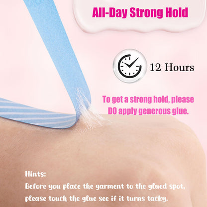 Sweat resistant liquid body glue for dancers packaging highlighting the twelve hour secure hold feature.