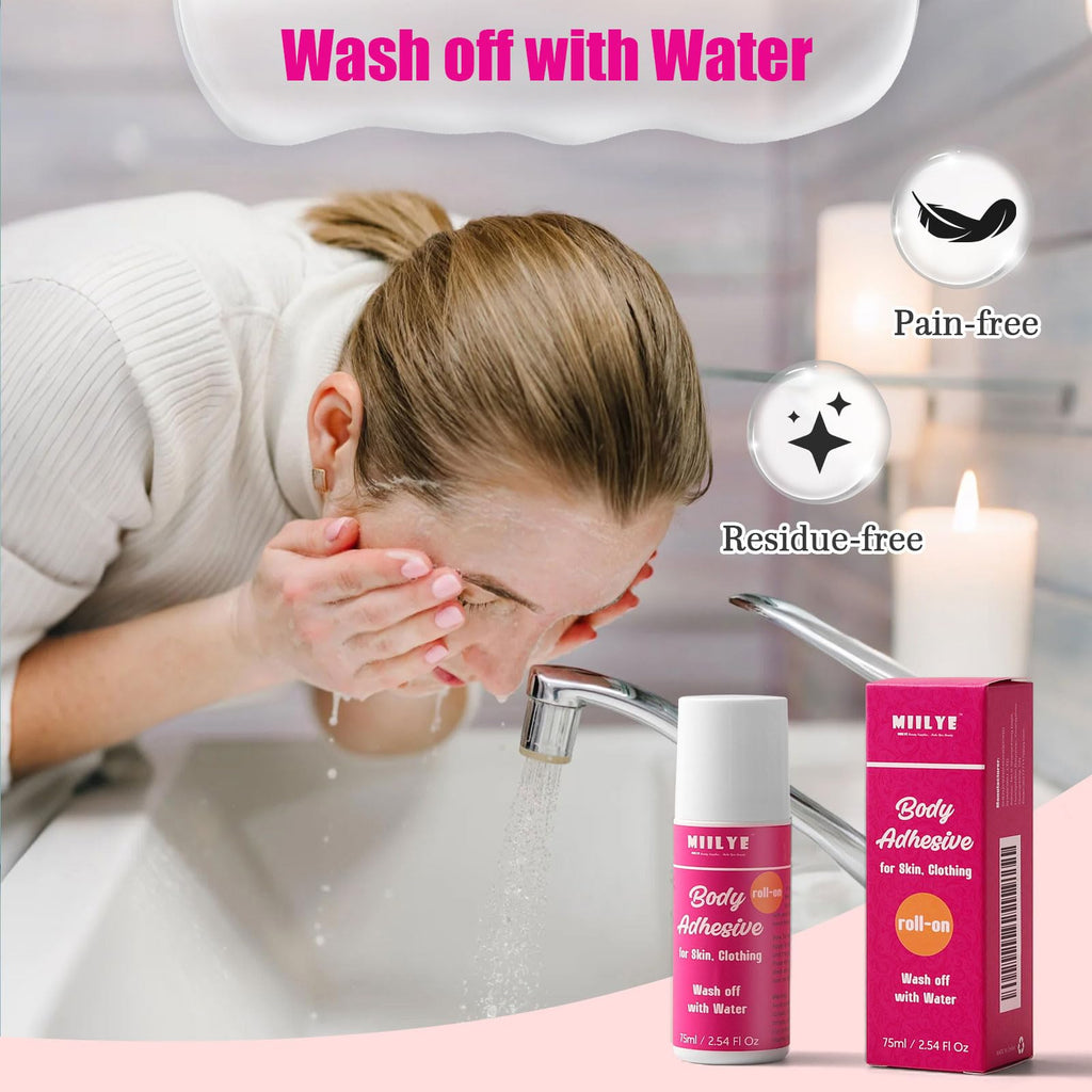 MIILYE fabric and body adhesive roll on container showing the clear liquid formulation details.