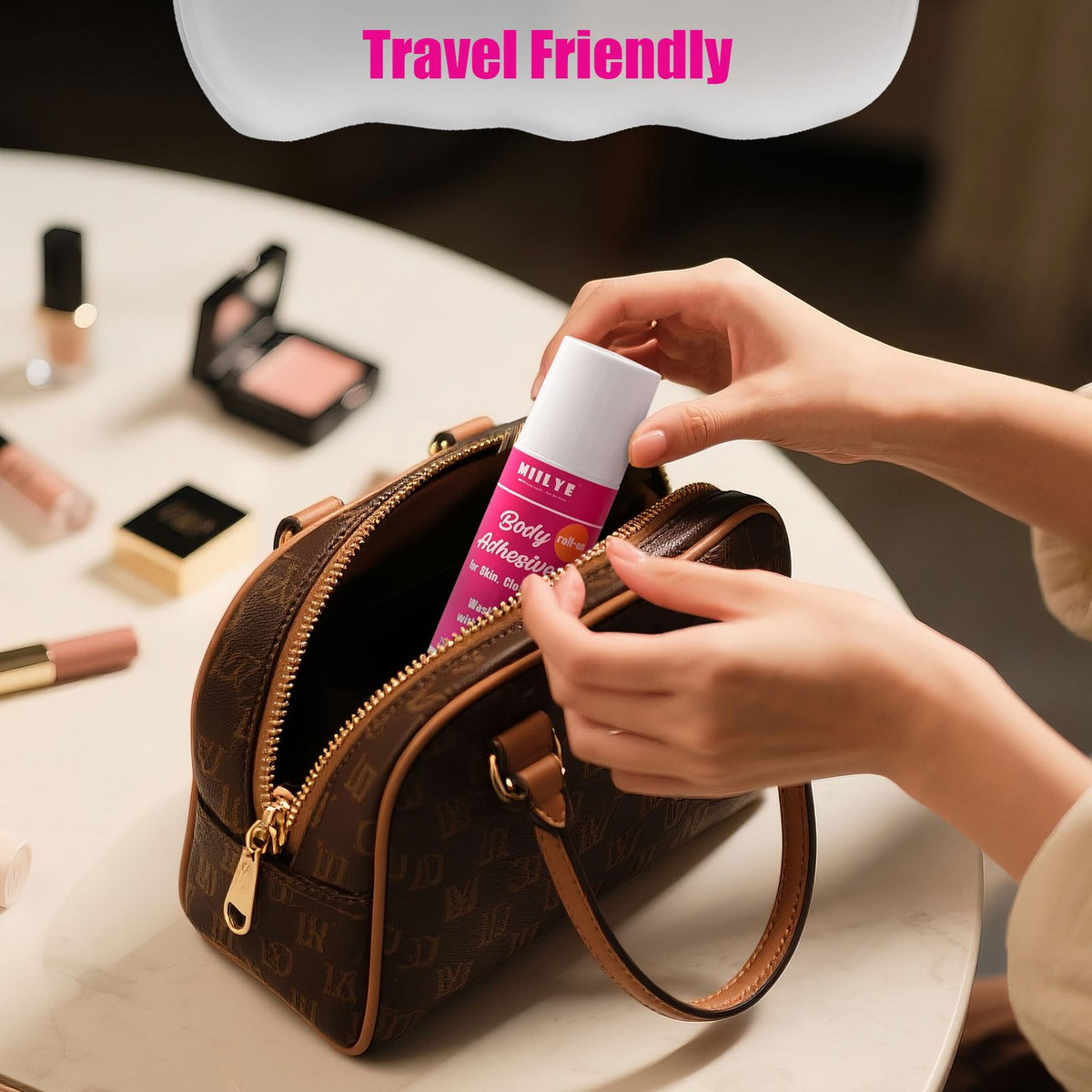 MIILYE skin adhesive roll on bottle showing cap closure mechanism and compact design for travel.