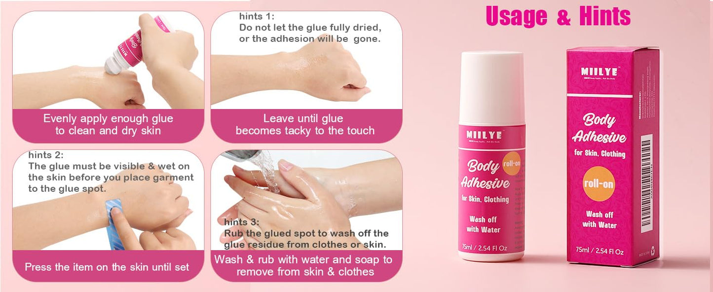 Authentic USA imported MIILYE body glue roll on product label detailing usage instructions for socks and wigs.