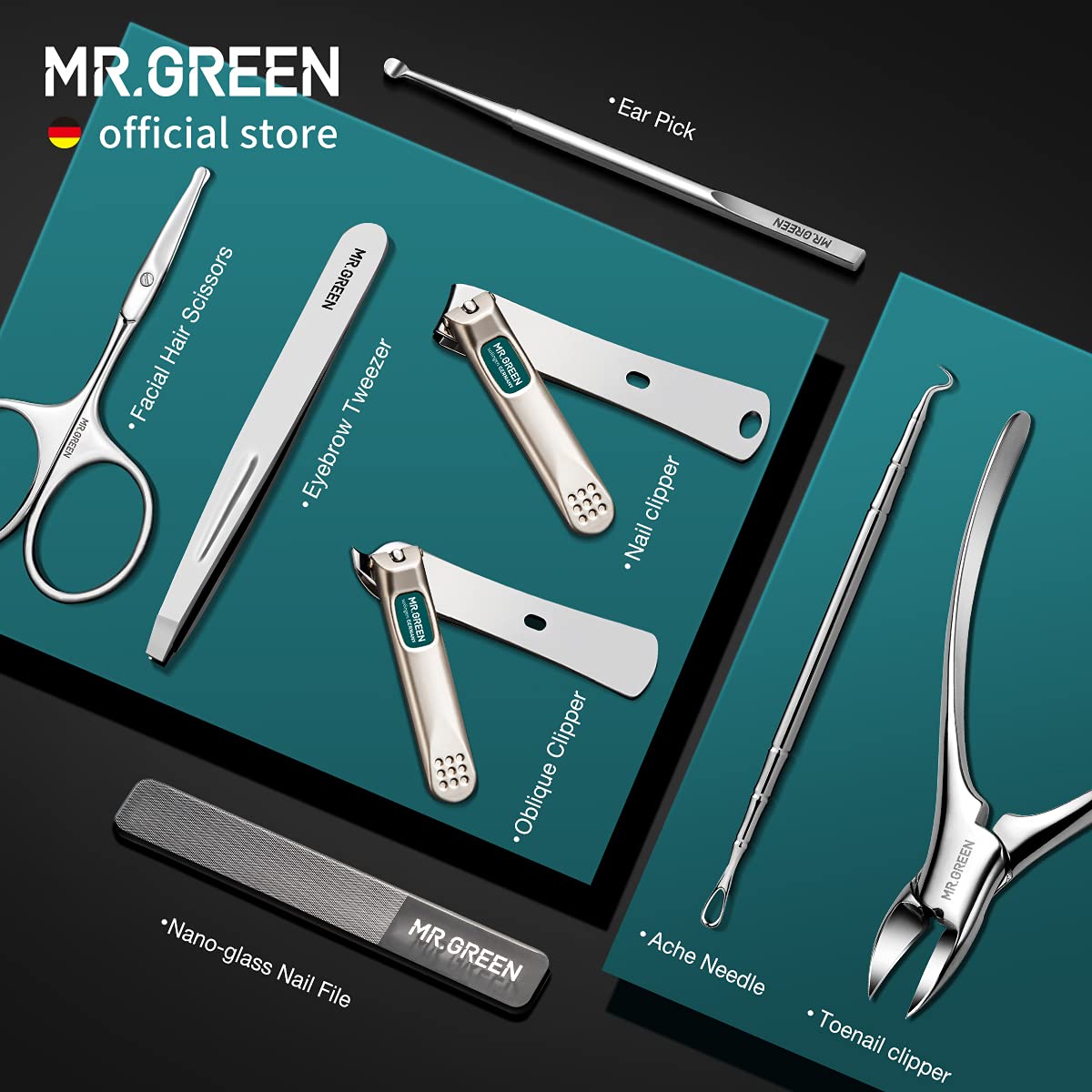Open view of MR.GREEN grooming kit with all 8 tools