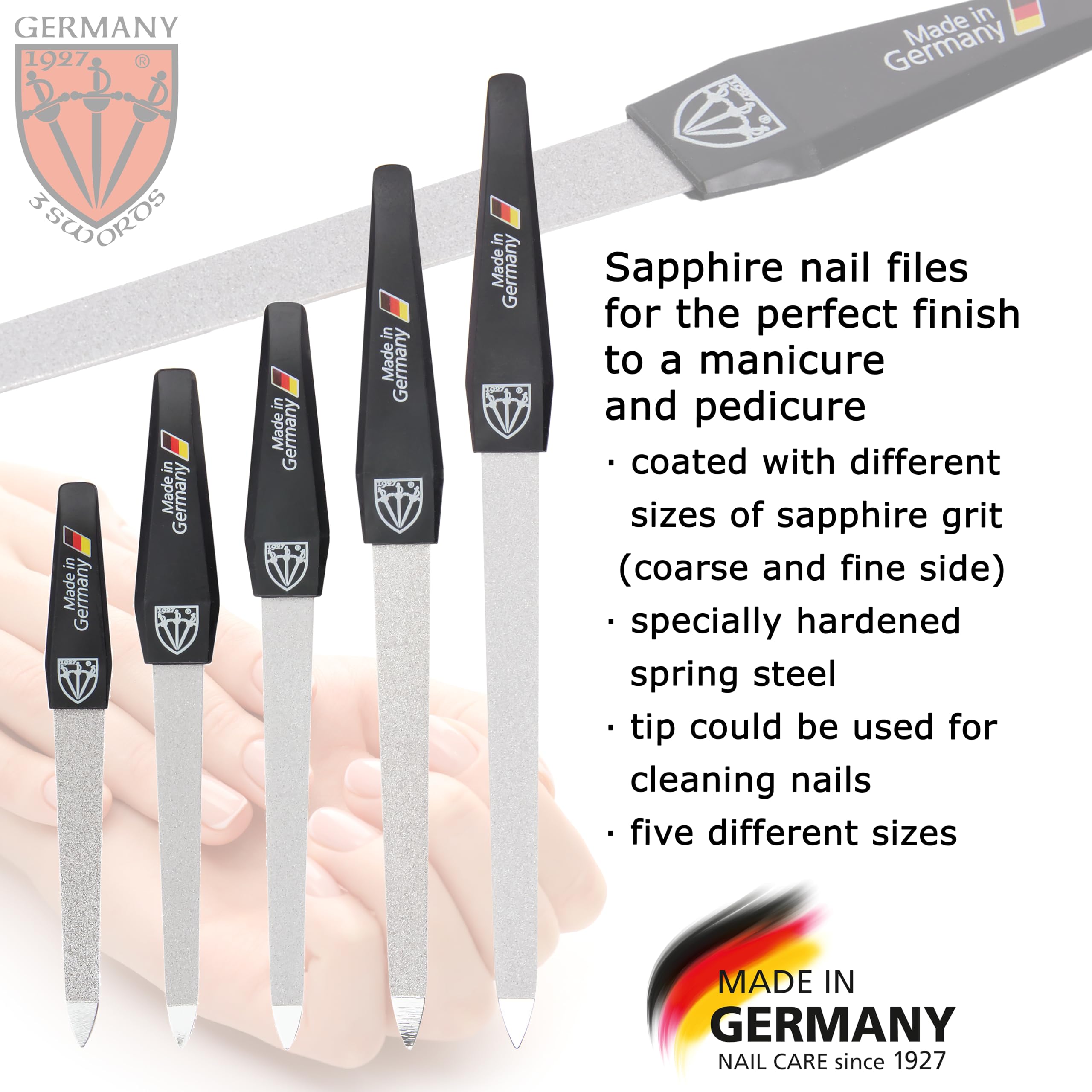 Close up of 3 Swords Germany stainless steel sapphire nail files