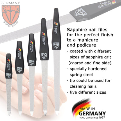 Close up of 3 Swords Germany stainless steel sapphire nail files