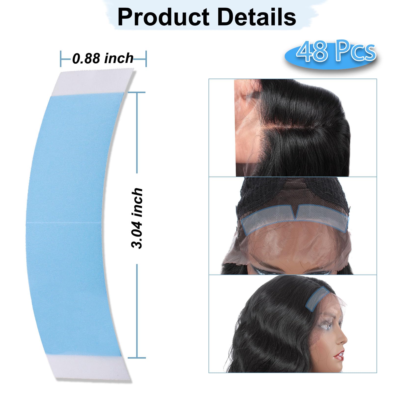 Close up of the blue double sided hair extension and front lace wig adhesive strips