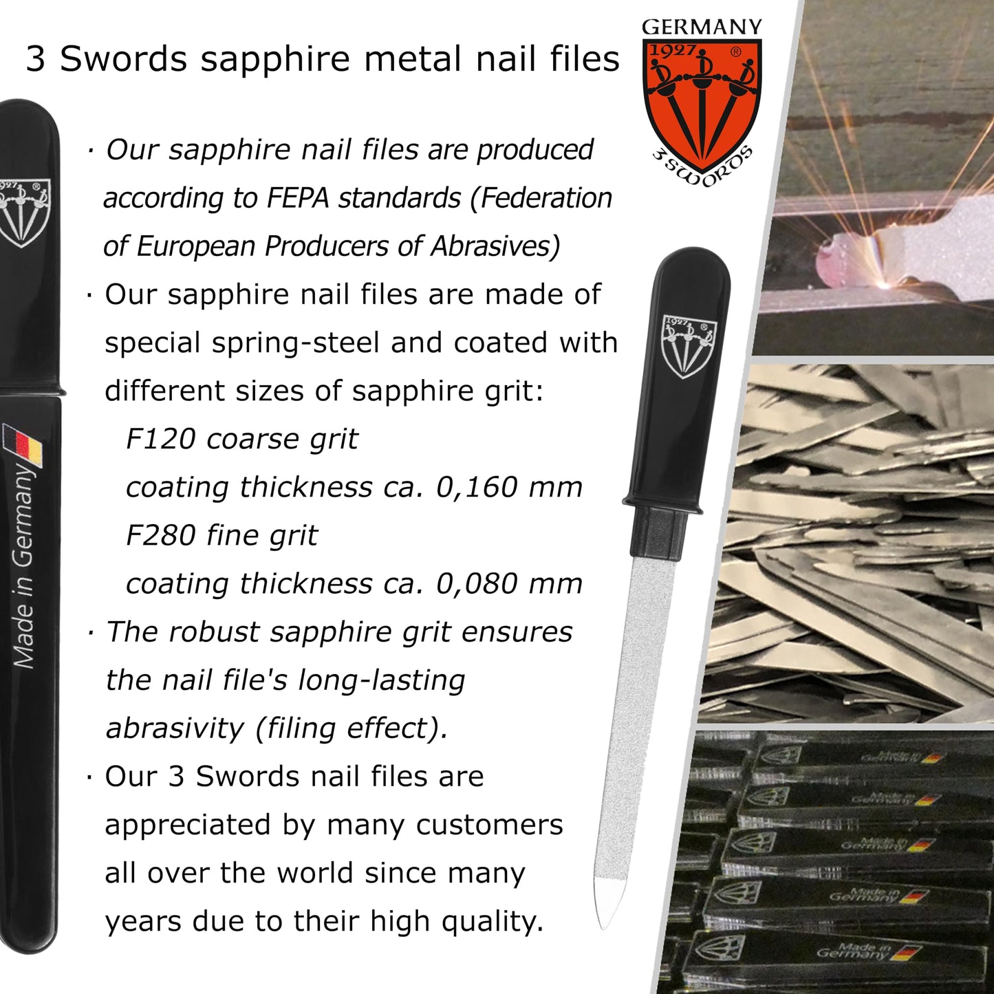 3 Swords Germany nail file held in hand for size reference