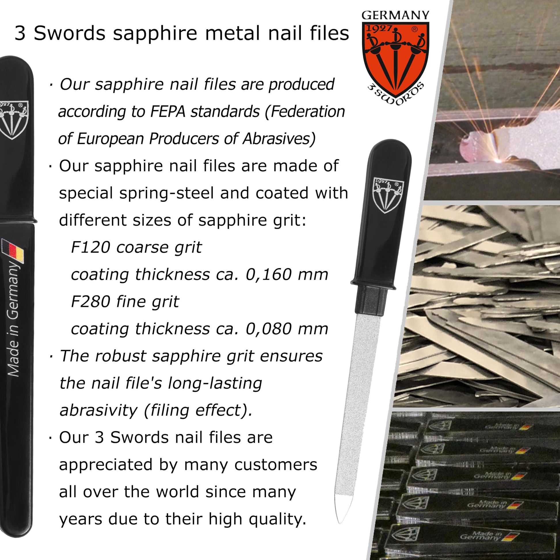 3 Swords Germany nail file held in hand for size reference