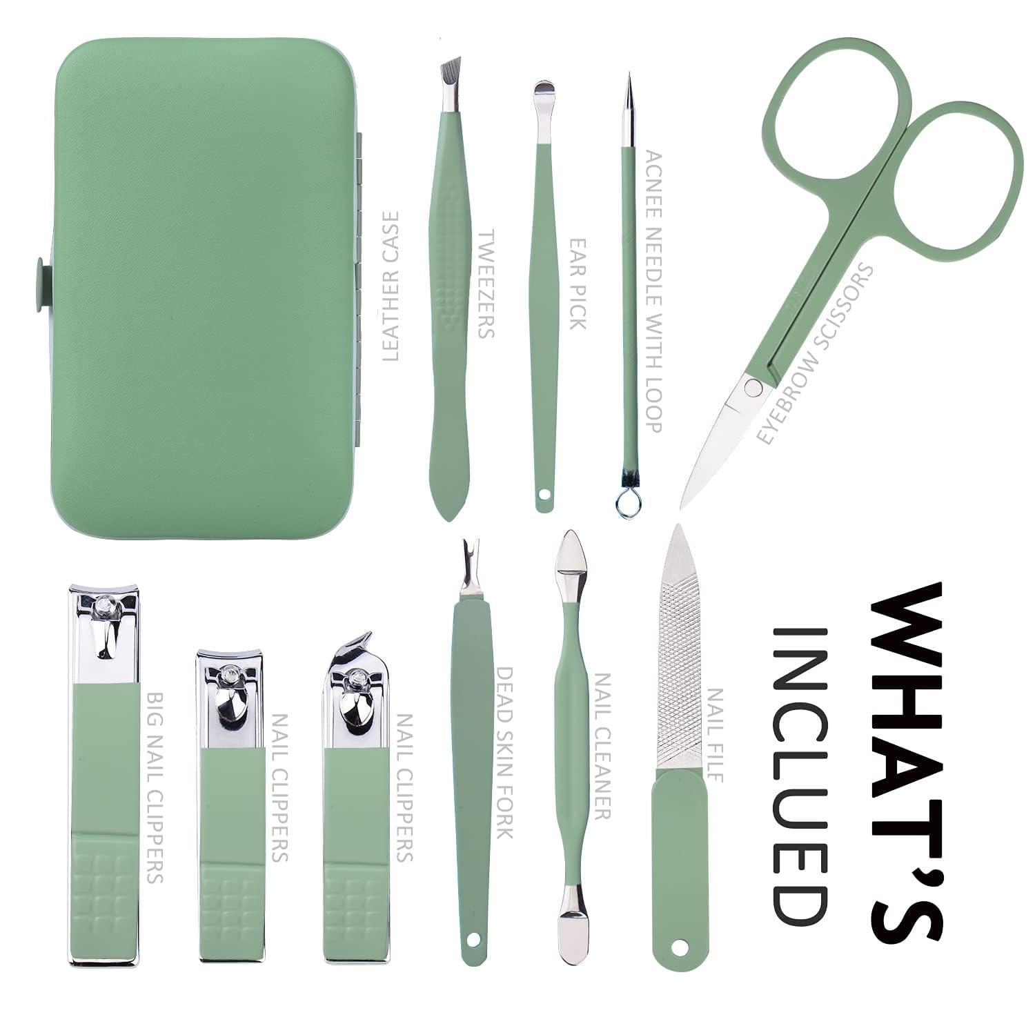 Yanci manicure kit tools arranged outside jade green case