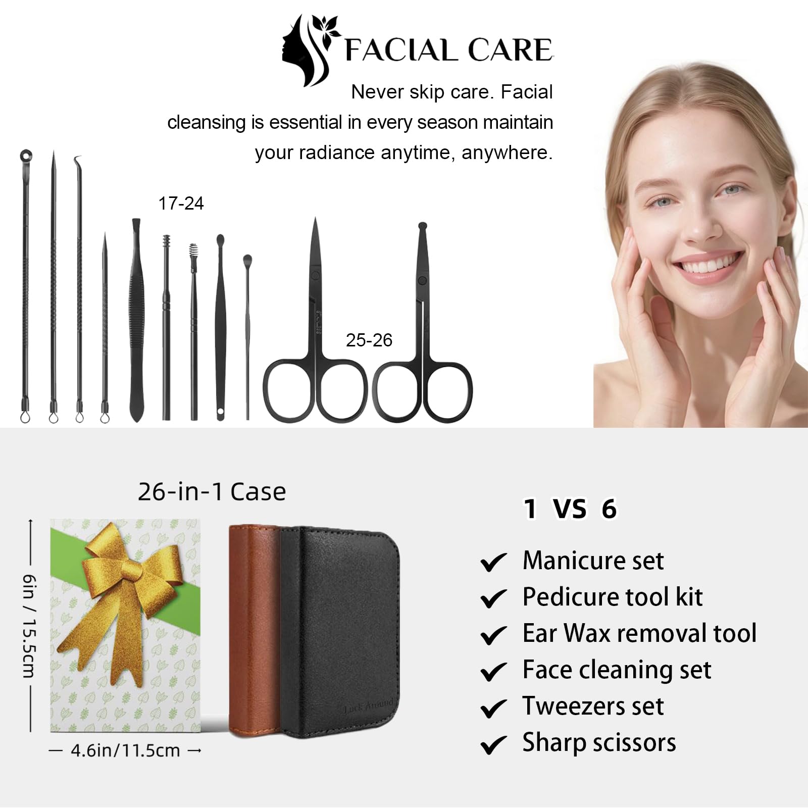 Open professional 26 piece manicure kit with travel case