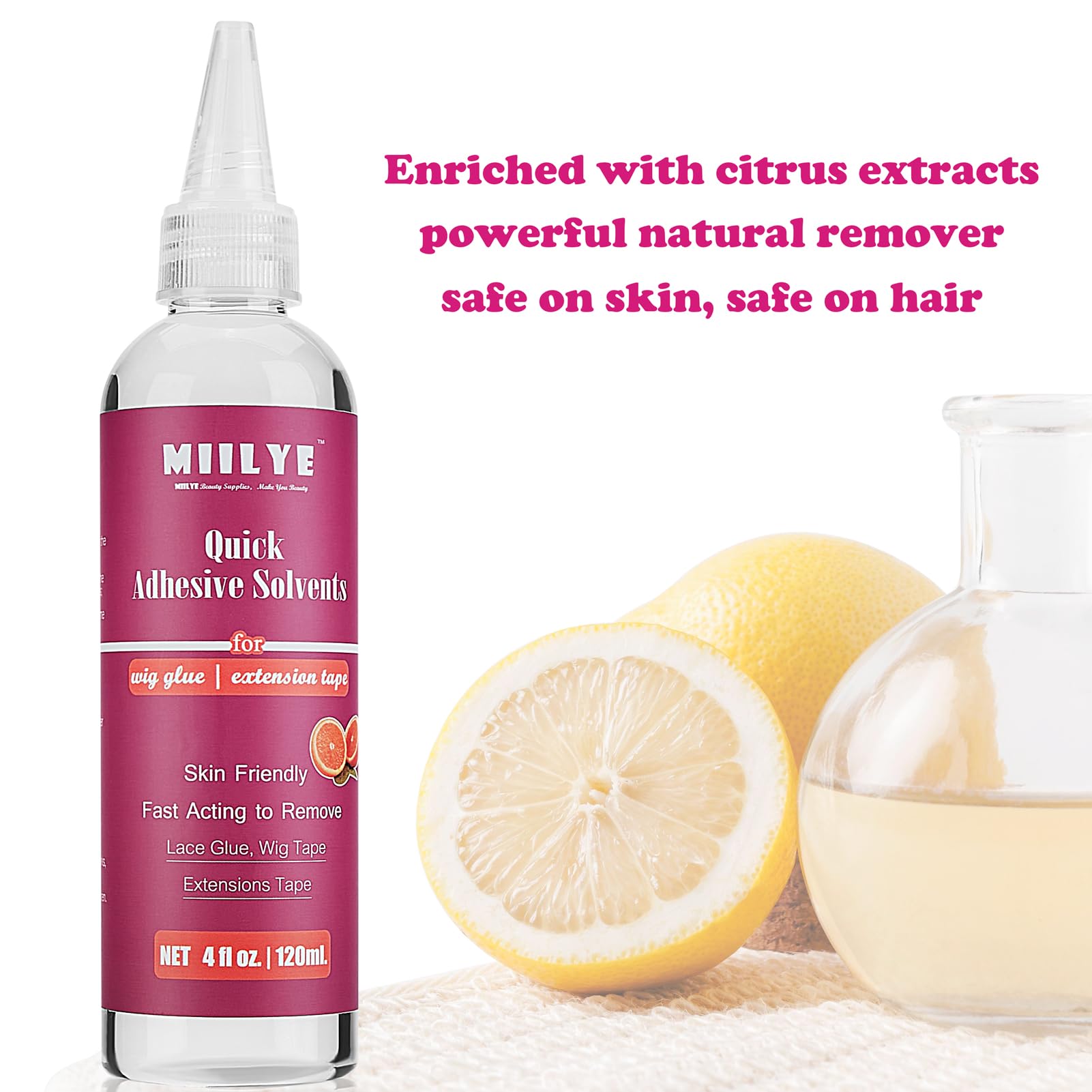 MIILYE hair adhesive solvent spray bottle showing application instructions on the label