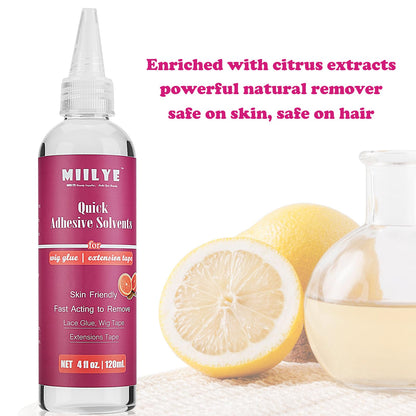 MIILYE hair adhesive solvent spray bottle showing application instructions on the label