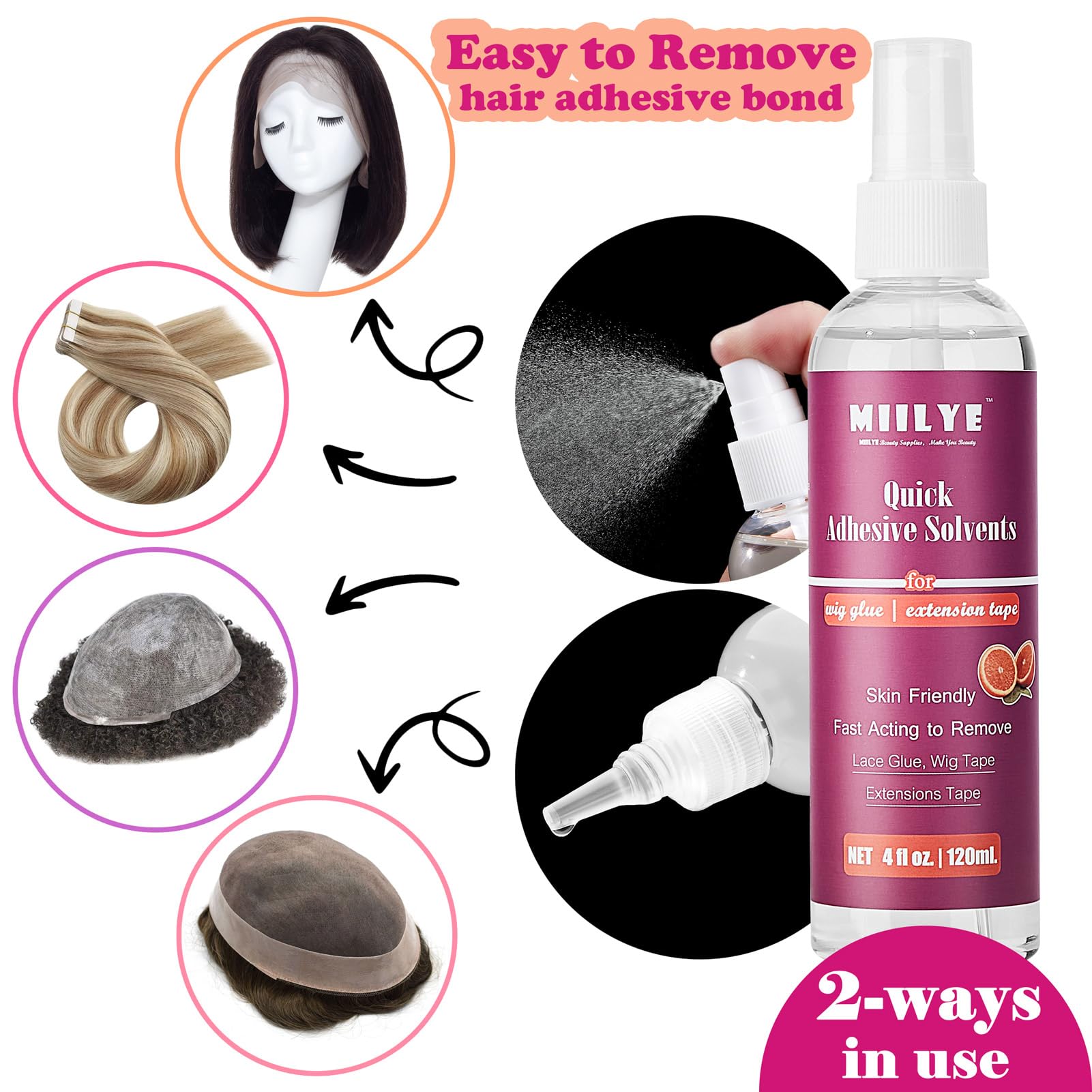 MIILYE lace wig glue remover spray showing the secure drip free cap design