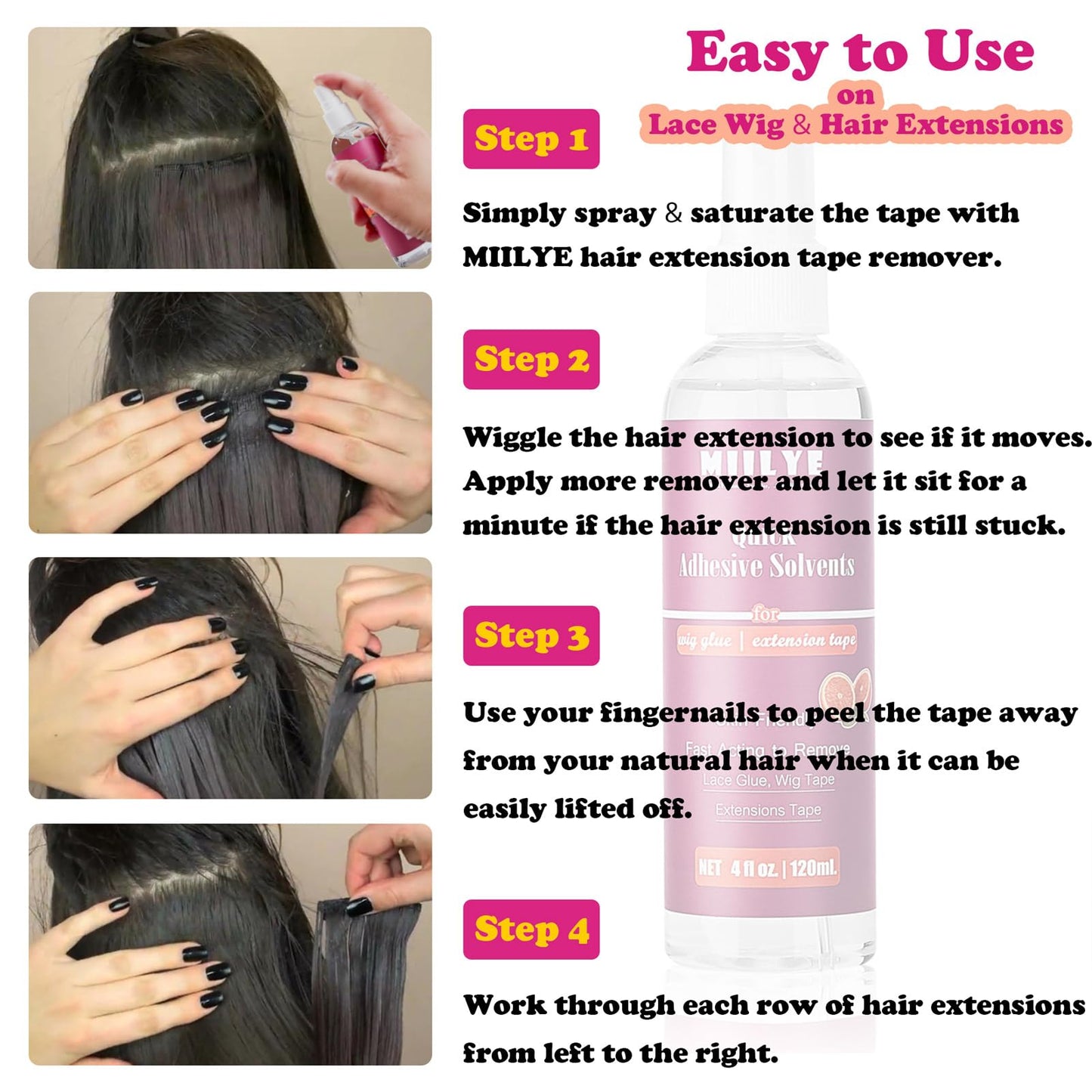 MIILYE non greasy hair patch and toupee glue remover spray bottle packaging