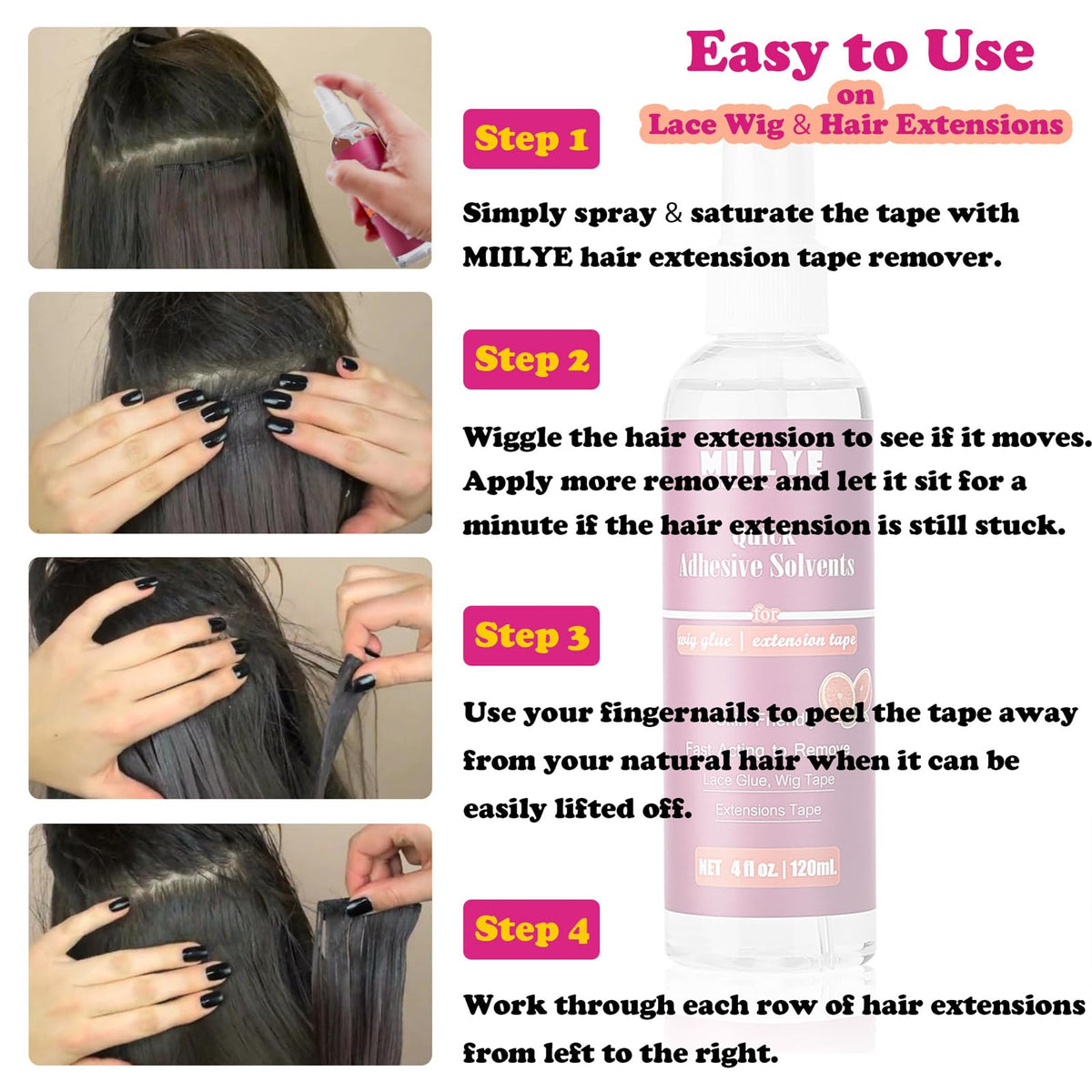 MIILYE non greasy hair patch and toupee glue remover spray bottle packaging