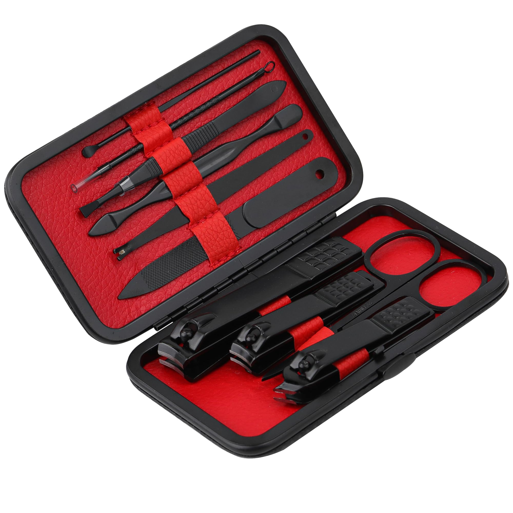 Close up of Glamne manicure kit tools including clippers and scissors