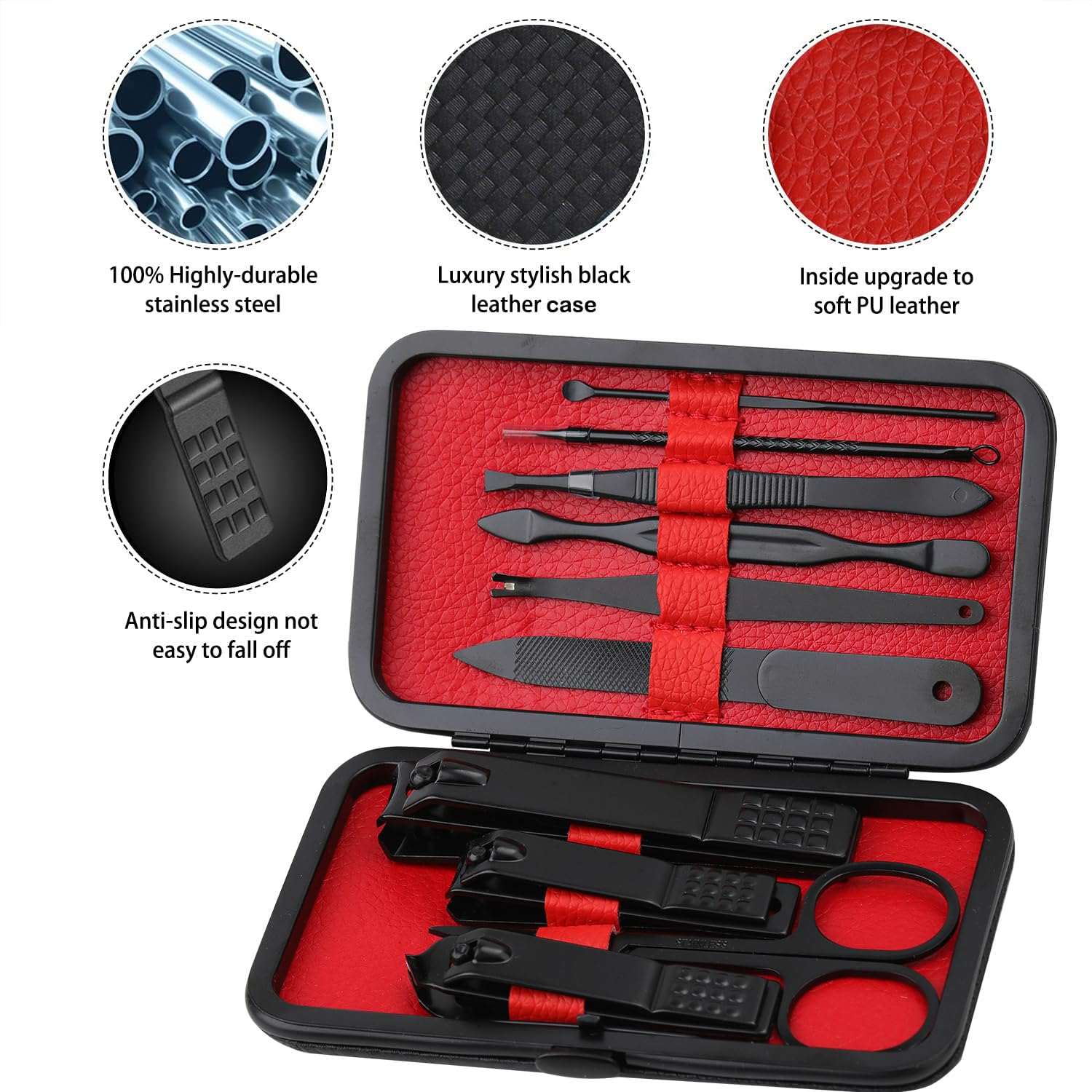 Glamne stainless steel nail care tools displayed outside of travel case