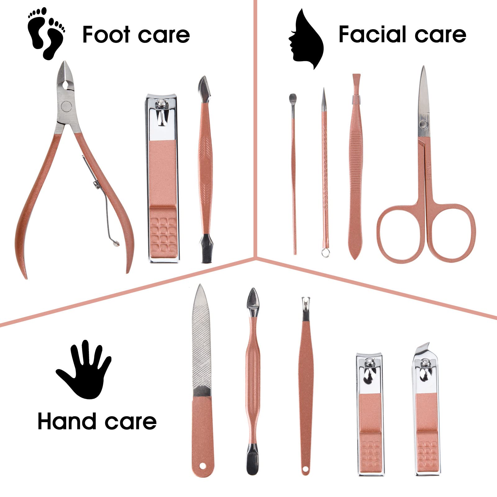Rose gold stainless steel nail clippers and grooming tools