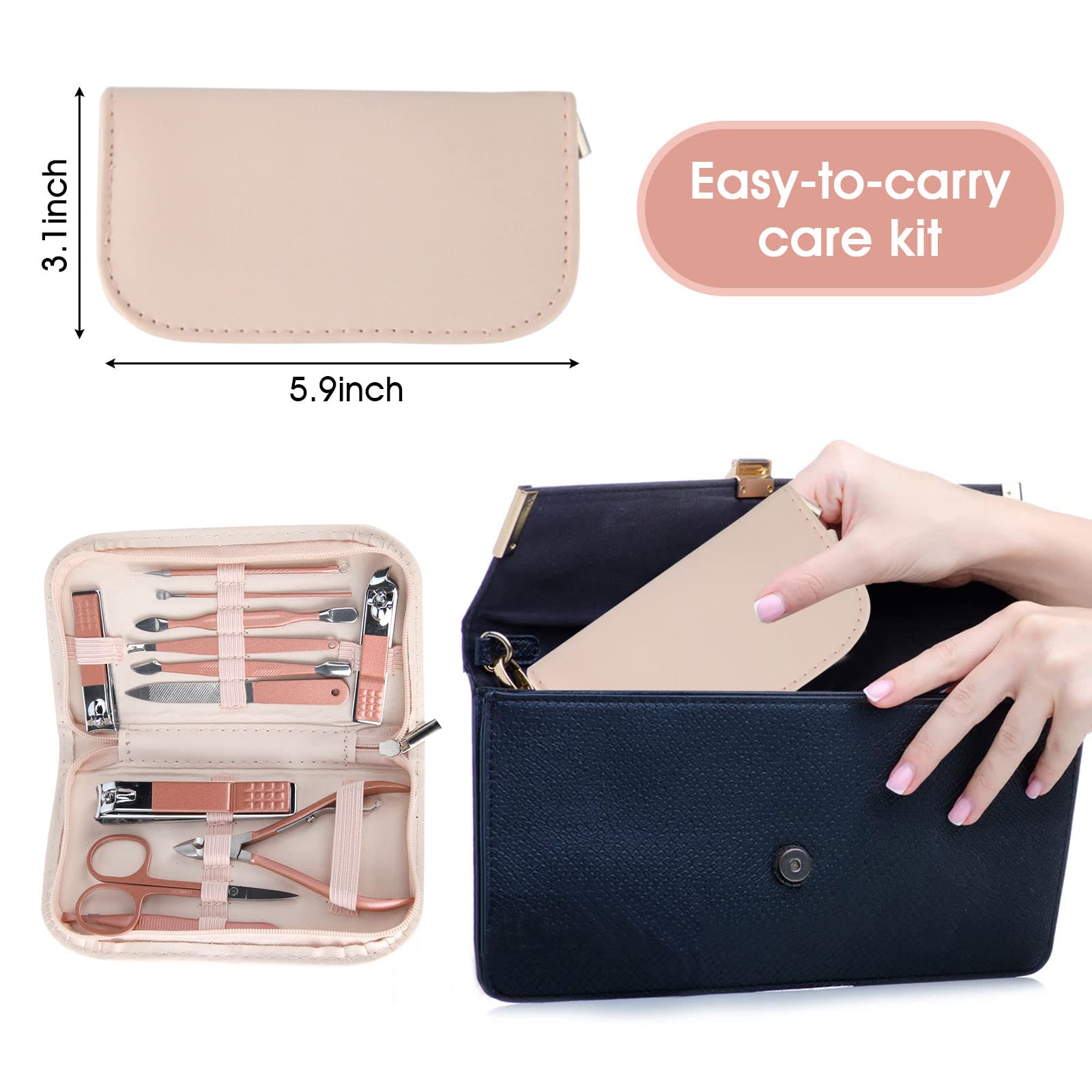 Open pink leather case showing 12 piece manicure set tools