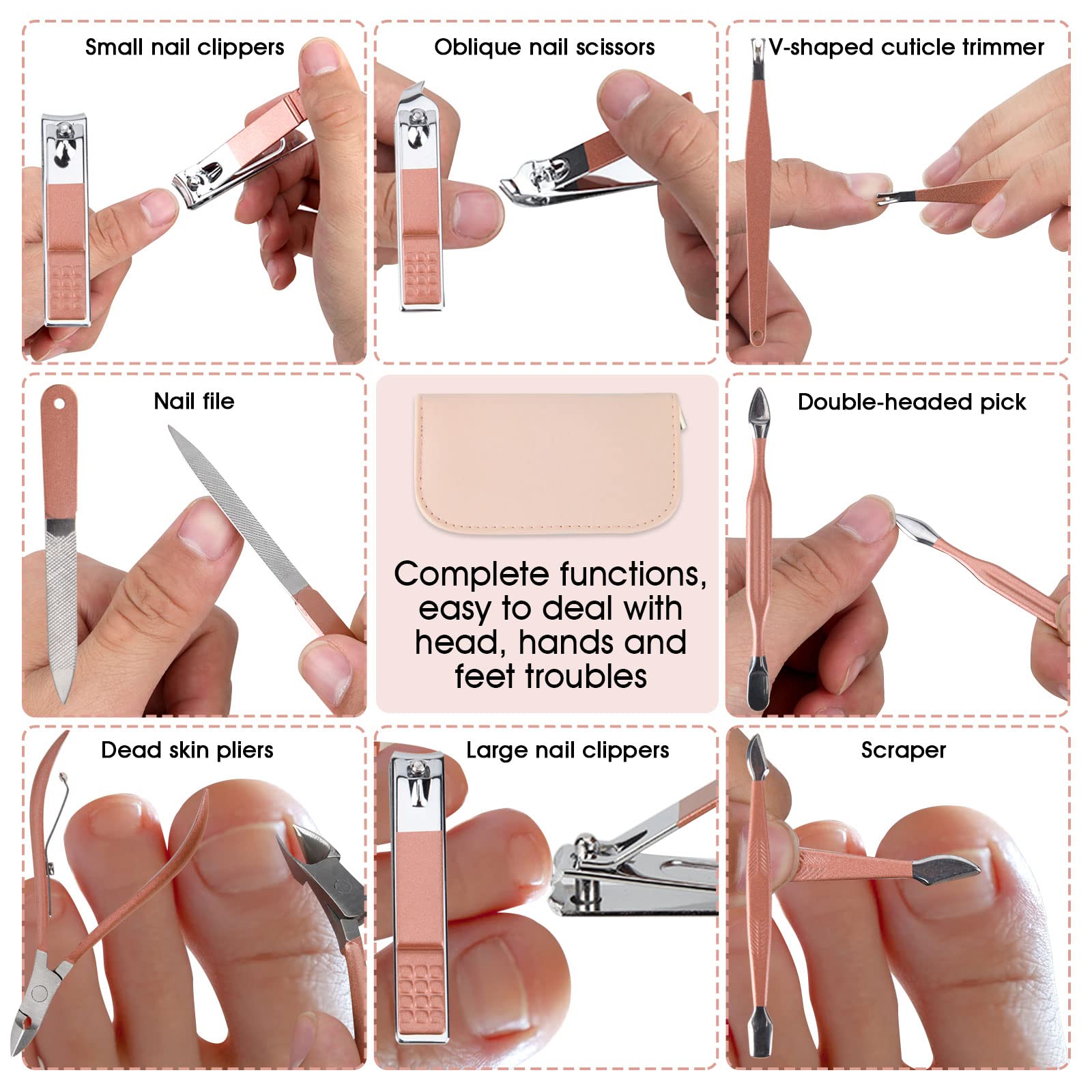 Professional manicure kit tools organized in leather pouch