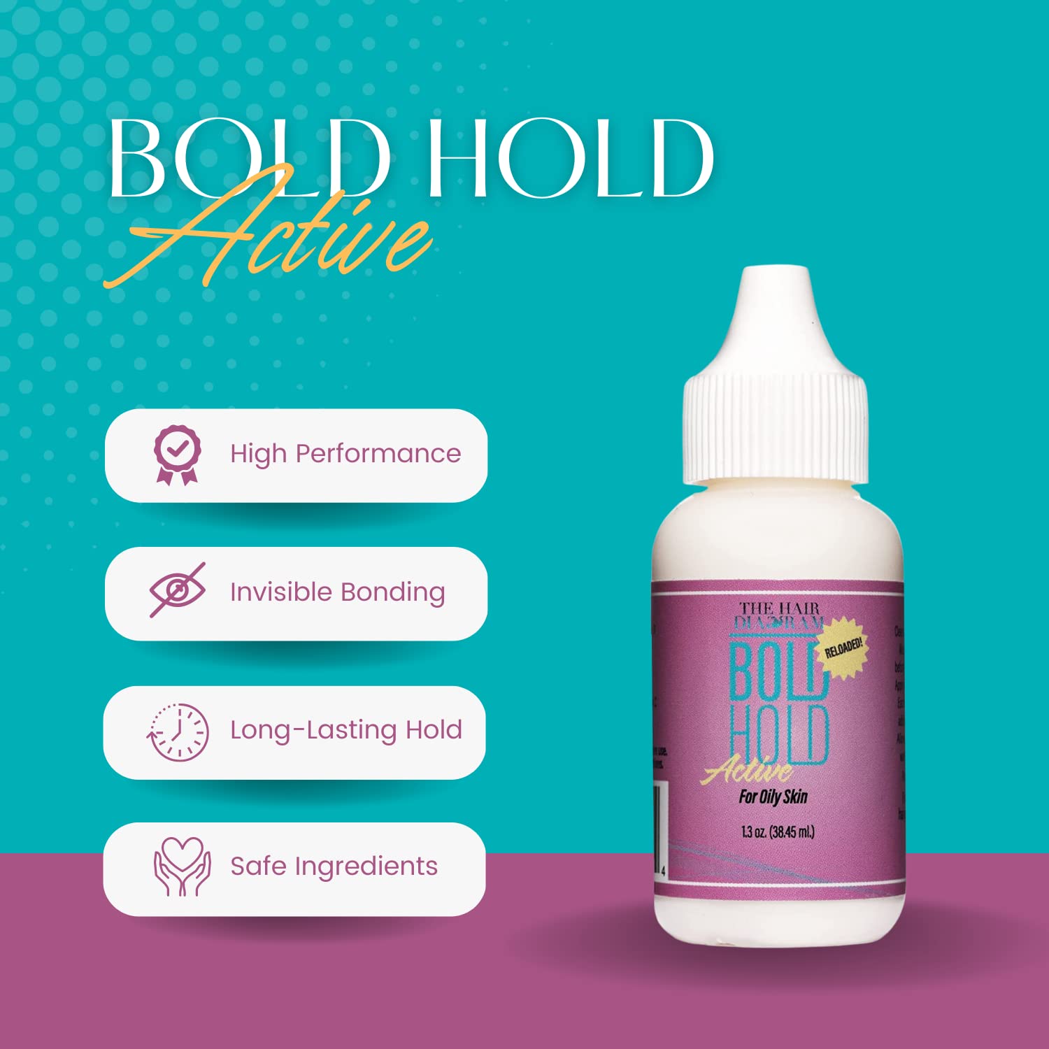 Bold Hold Active Reloaded strong hold lace adhesive 1.3 Ounce bottle label details