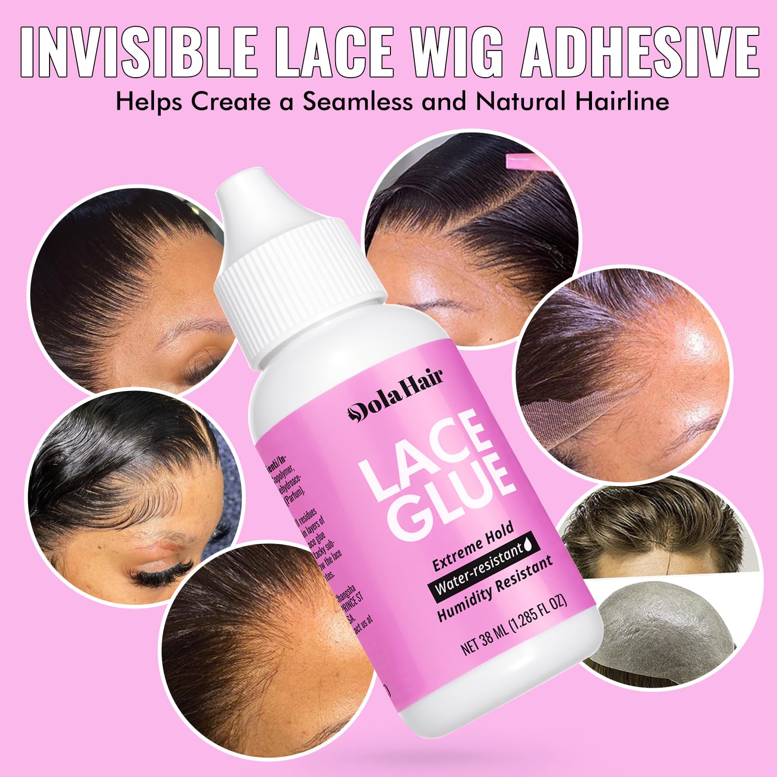 Dolahair waterproof lace front glue bottle close up demonstrating invisible bonding adhesive for hair systems.