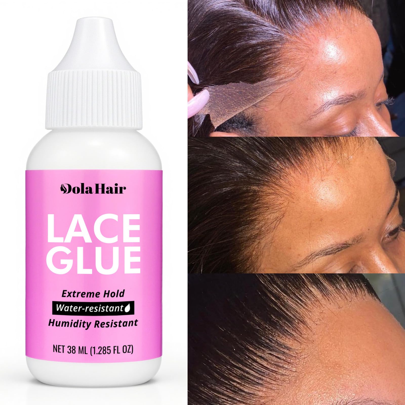 Dolahair professional water-based wig adhesive bottle close up view.