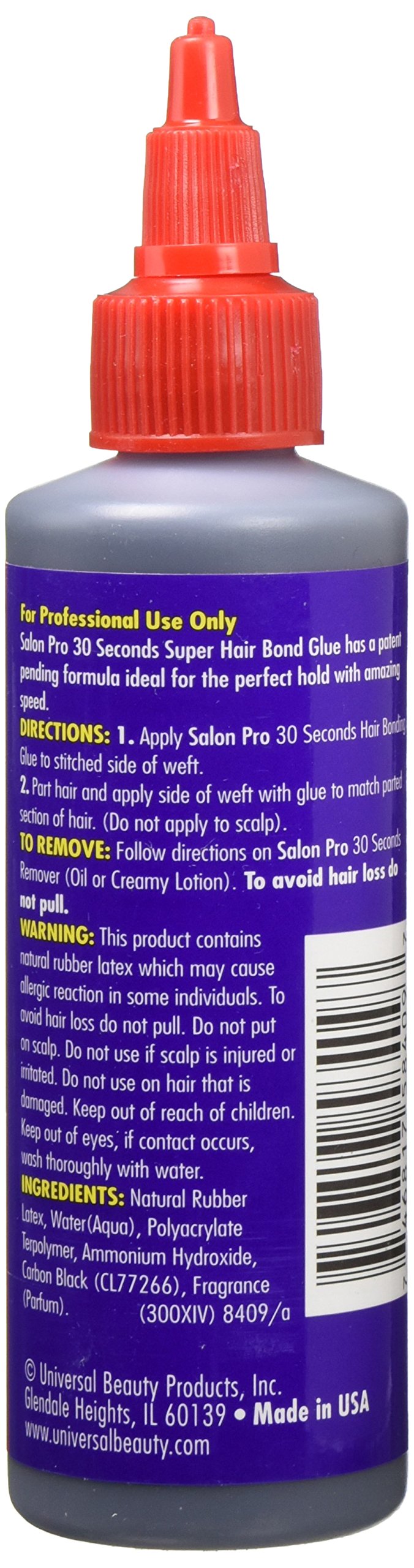 Authentic USA imported Salon Pro quick dry hair adhesive bottle back view with directions and details