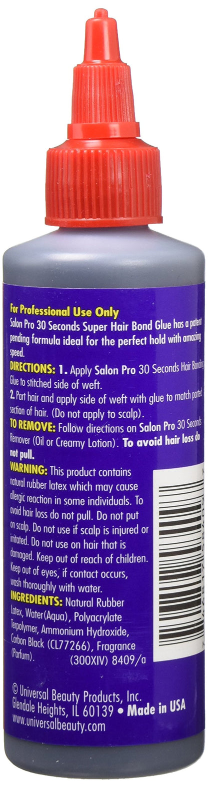 Authentic USA imported Salon Pro quick dry hair adhesive bottle back view with directions and details