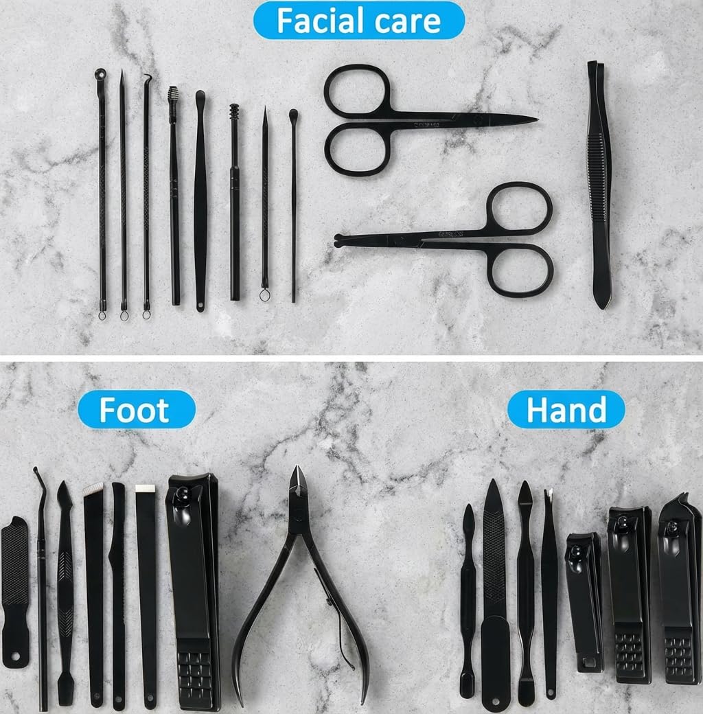Internal view of Minkinh manicure set showcasing all 26 stainless steel tools